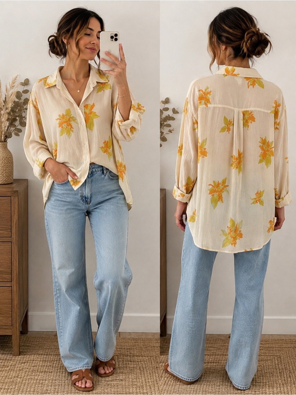 Savannah Morrow The Label Peace Silk Bamboo Floral Crinkle Button Up Shirt S